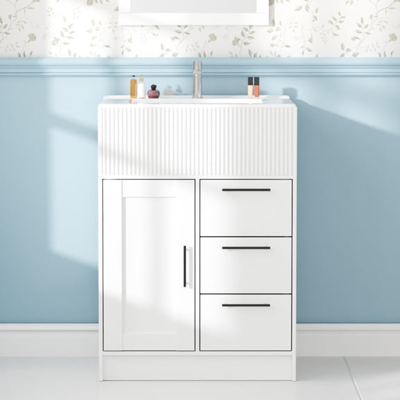 Advwin 24" Freestanding Bathroom Vanity with Ceramic Sink, Modern Bathroom Storage Cabinet with 3 Drawers, White
