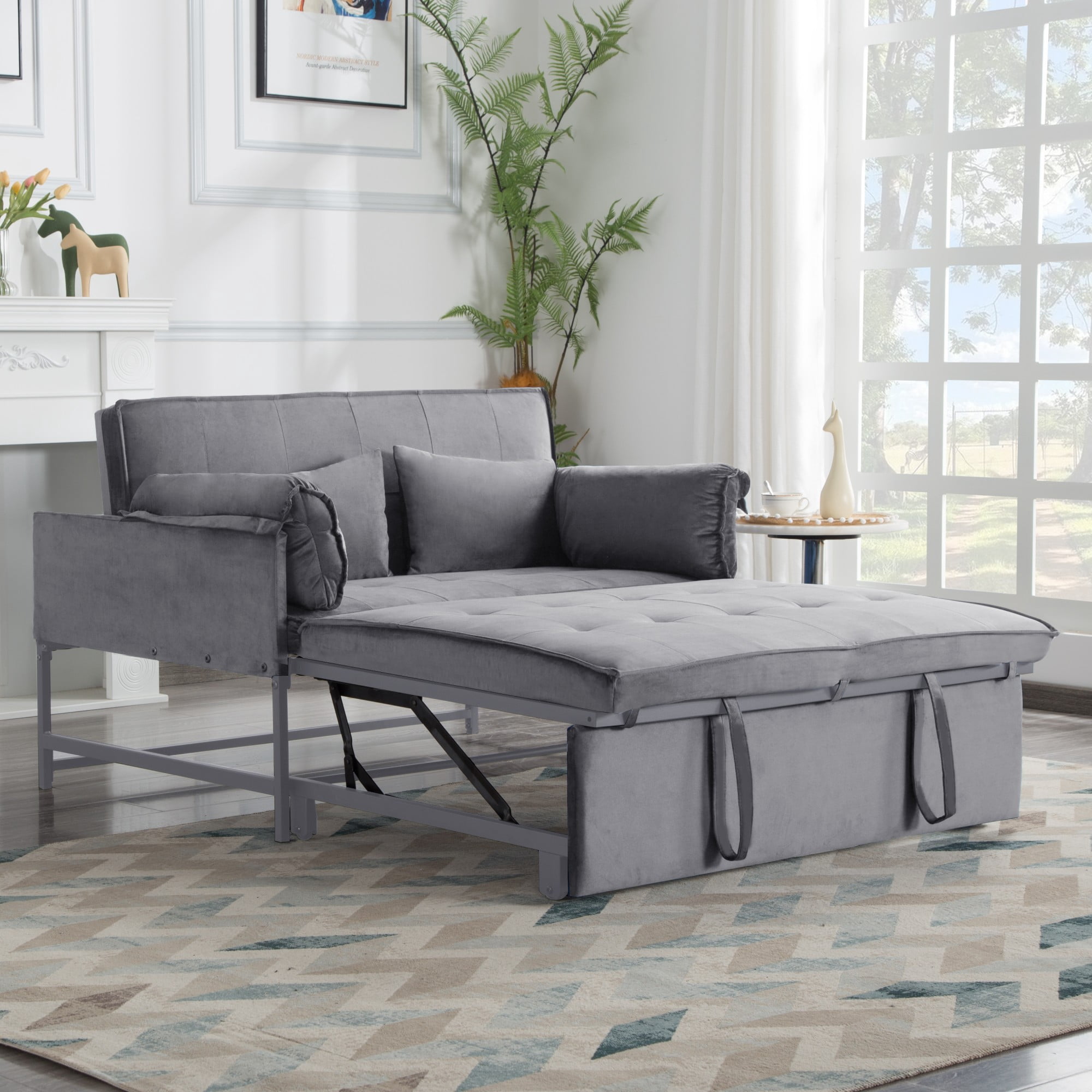 BSHTI 46" Velvet Pull-Out Sleeper Sofa Bed with Adjustable Back, 2 Pillows, Metal Frame for Living Room/Bedroom（Grey）
