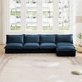 thumbnail image 3 of Convertible 4 Seater Deep Seat Sofa, Chenille Sectional Sofa Couch with Slip-cover and Ottoman, Upholstered Armless Cloud Couch with Pillow for Living Room, Apartment, L shape Cozy Sofa, Blue, 3 of 7