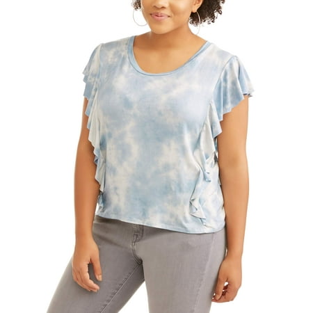 Juniors' Plus Short Sleeve Ruffle Tie Dye Top