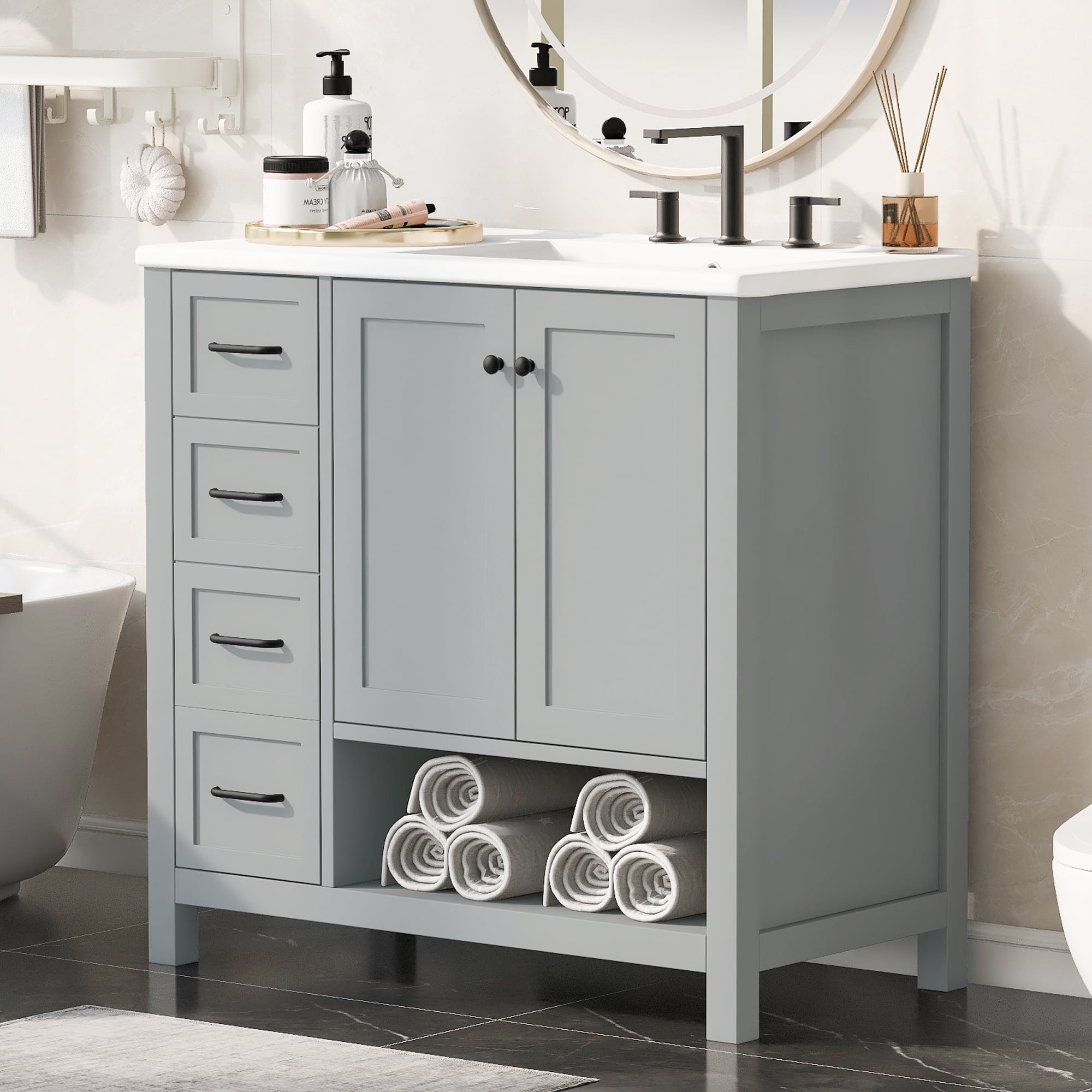 Euroco Modern Bathroom Vanity Cabinet with Right-Side Ceramic Sink, 2 Drawers & 2-Door Storage, Solid Wood & MDF, 8" Faucet Compatible