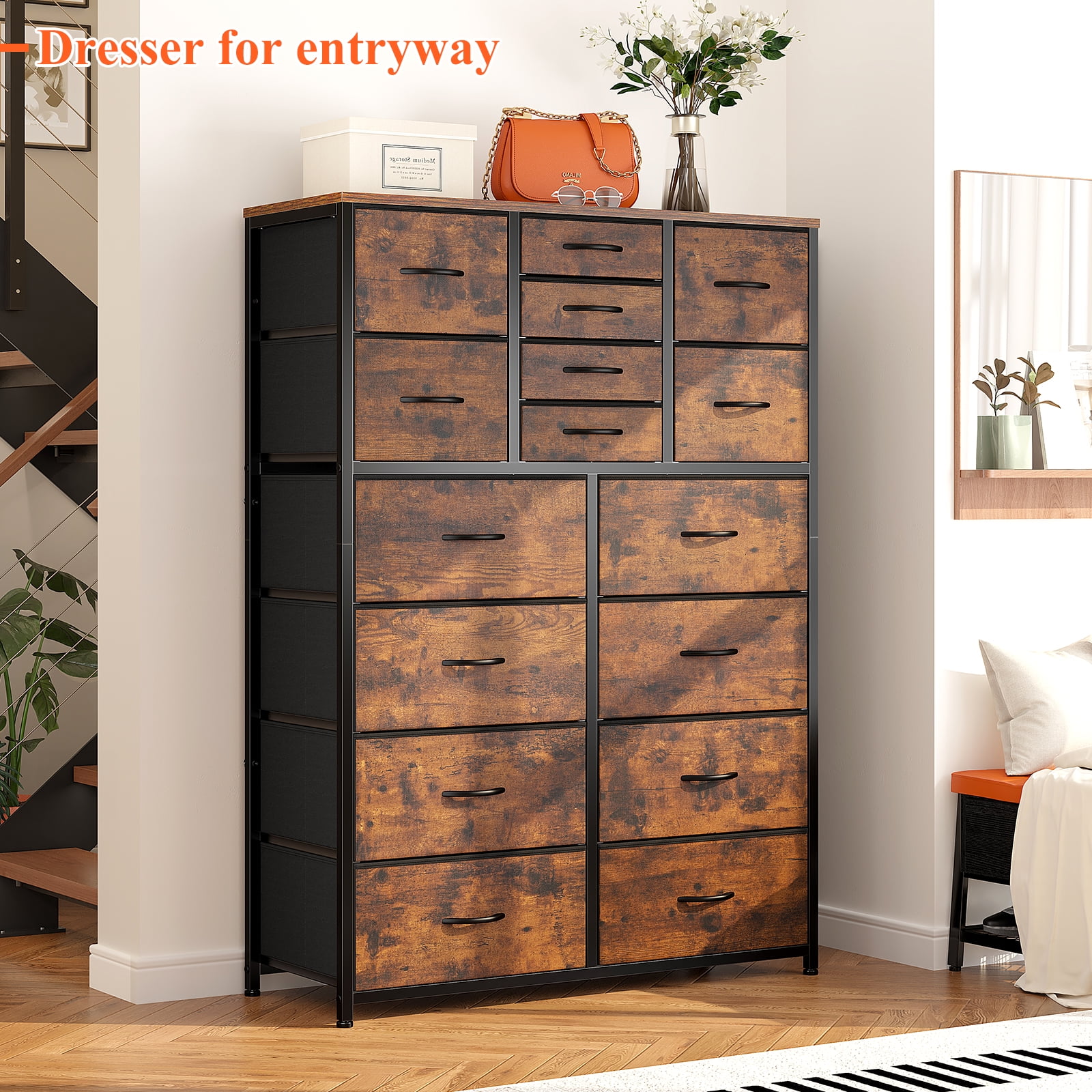 EnHomee Large Dresser for Bedroom Furniture Dresser with 16 Drawers Fabric  Tall Dresser Closet Dresser Chest of Drawers Clothes Storage Slim for  Living Room Office, Rustic Brown Wood Grain Print 
