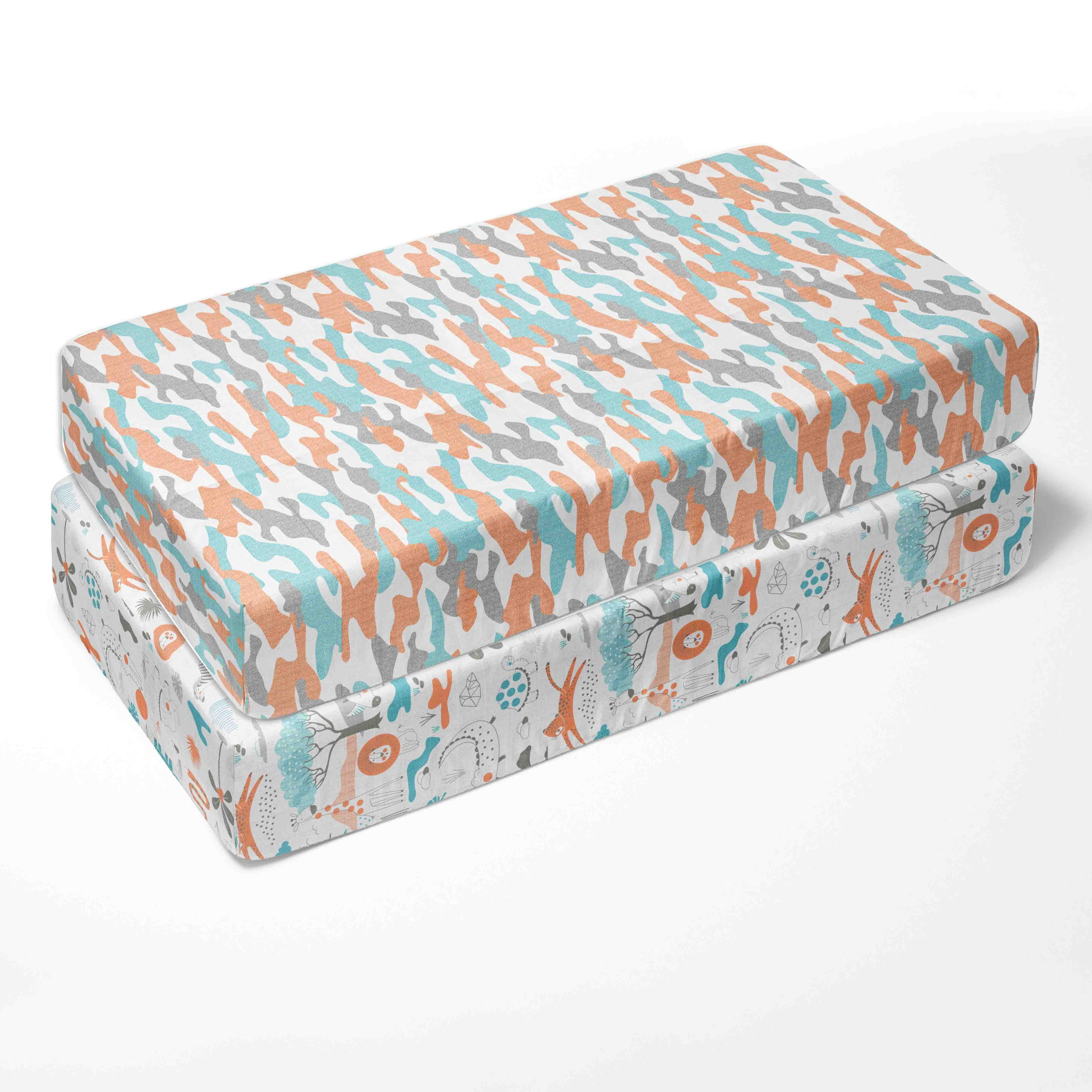 Bacati - Jungle Safari 4-Piece Muslin Crib Bedding Set with 2 Crib Sheets - Aqua Orange Gray Boys