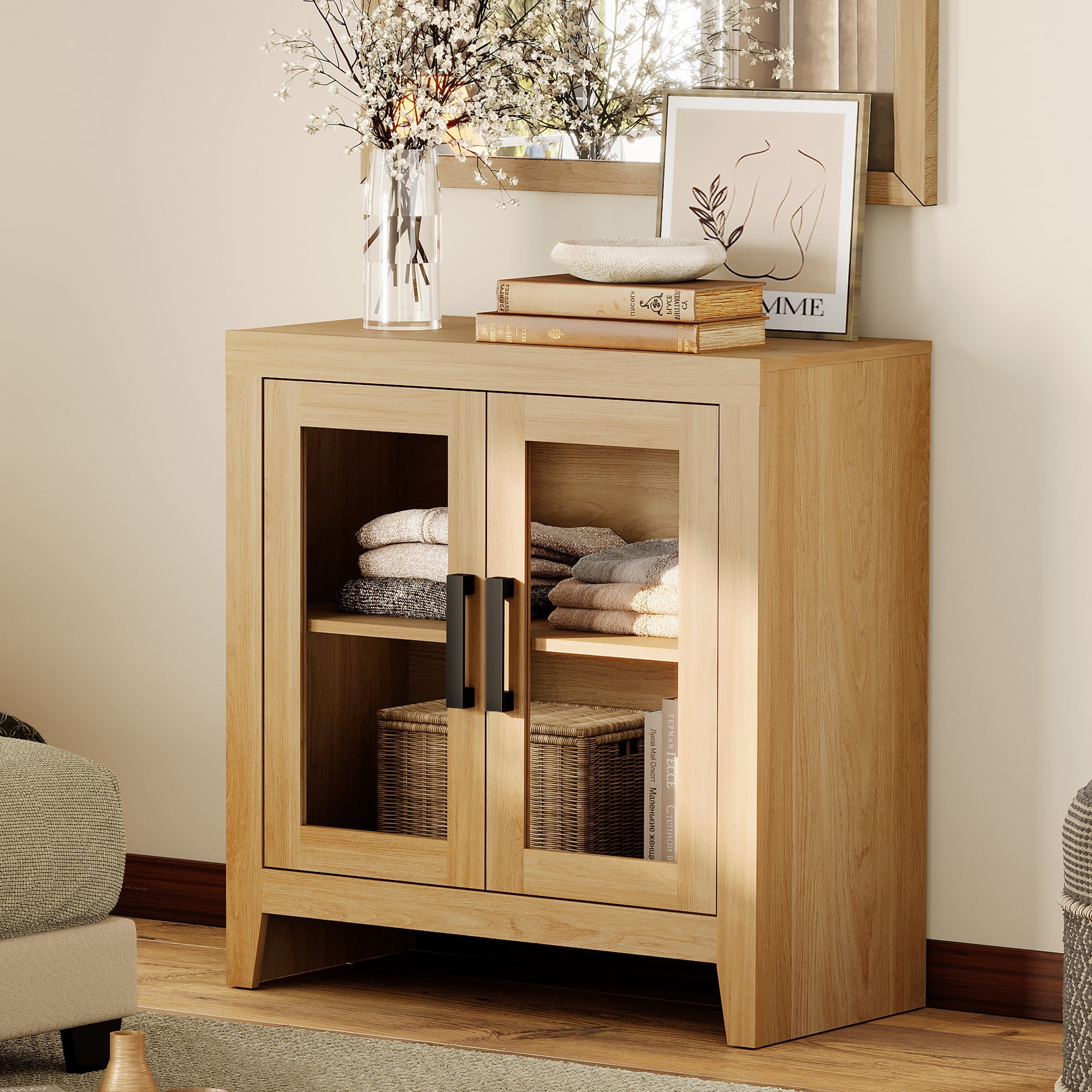 WAMPAT Modern Farmhouse TV Stand up to 40"TV, Entertainment Center with Tempered Glass Doors & Adjustable Shelves, Oak
