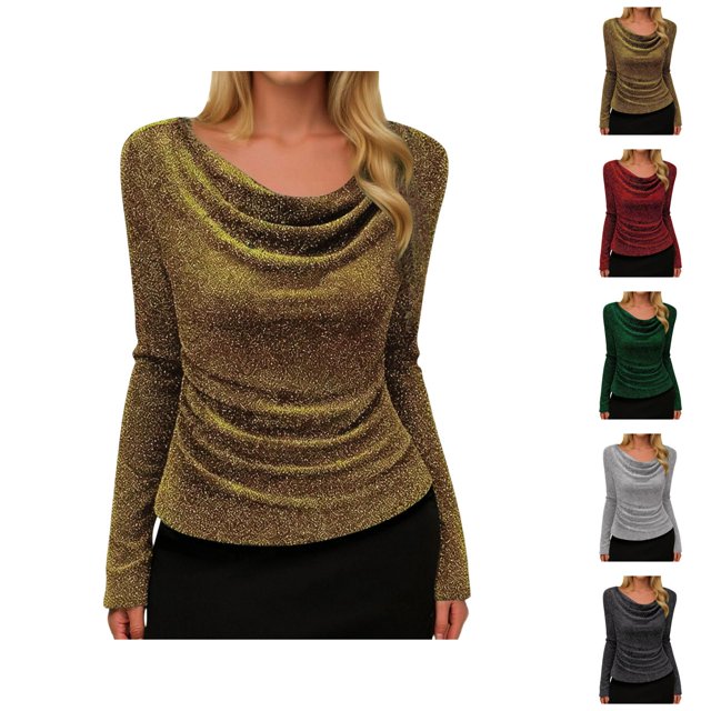 Sparkly Tops for Women 2026 Spring Fashion Long Sleeve Cowl Neck Stretch T Shirts Going out Tops Rave Outfit