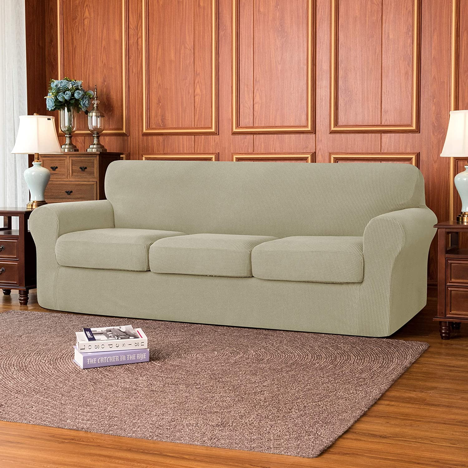 Subrtex 4-Piece Stretch Textured Grid Sofa Cover Slipcover,Separate Cushion Cover(Sand, Sofa)