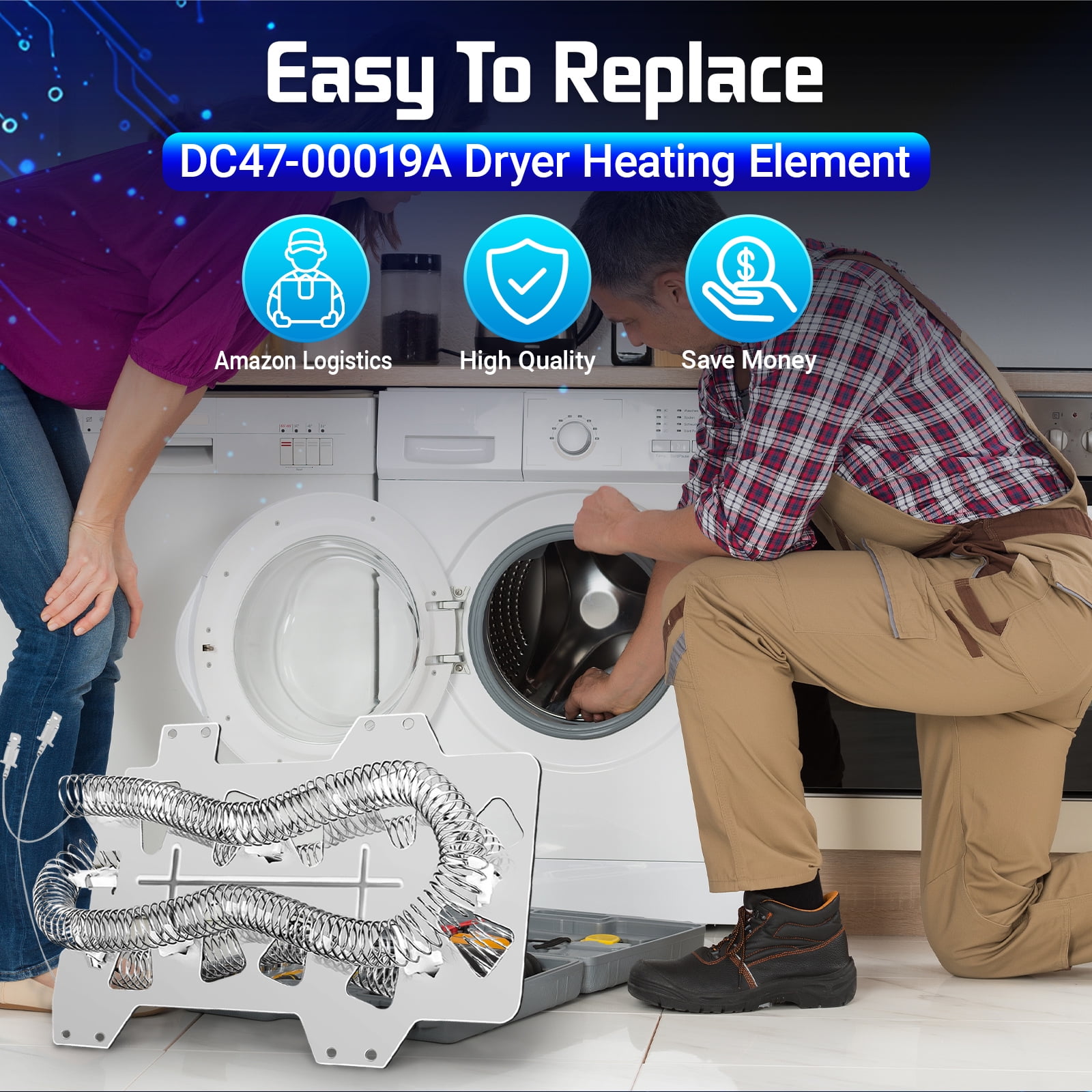 DC47-00019A Heating Element Compatible with the heating elements of Samsung brand dryers that are equipped with temperature control fuses DV45H7000EW/A2, DVE50R5200W/A3