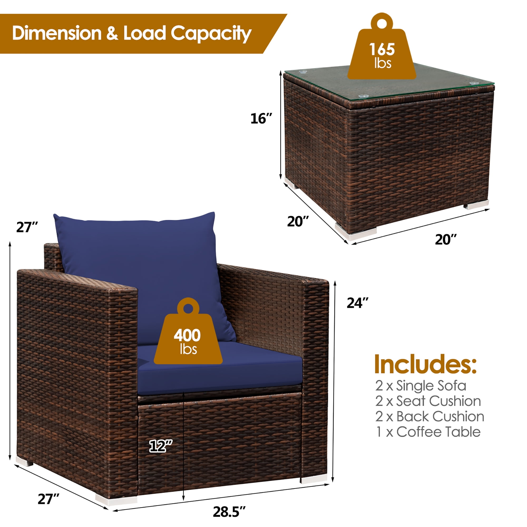Costway 3PCS Patio Rattan Furniture Set Conversation Sofa Cushioned Navy