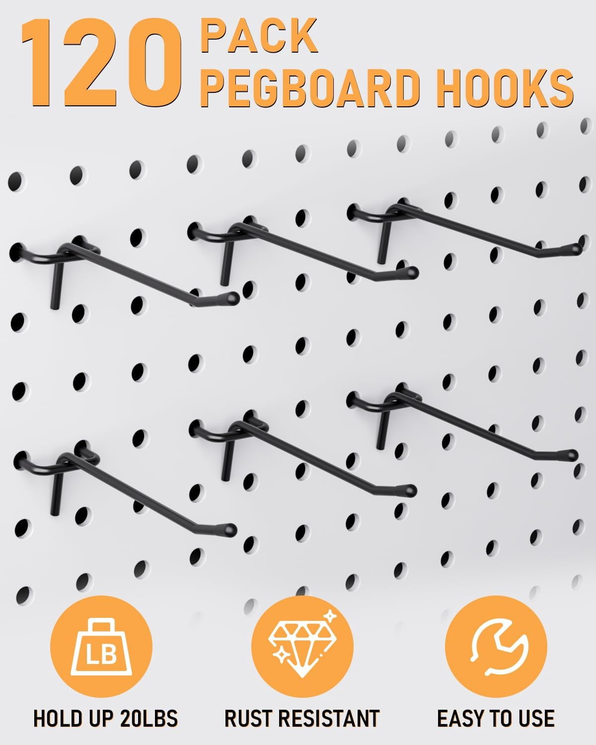 INCLY 120 pack Steel Pegboard Hooks, 4/6/8 inch Peg Board Shelving Hooks Accessories, Fit 1/8" & 1/4" Pegboard for Garage