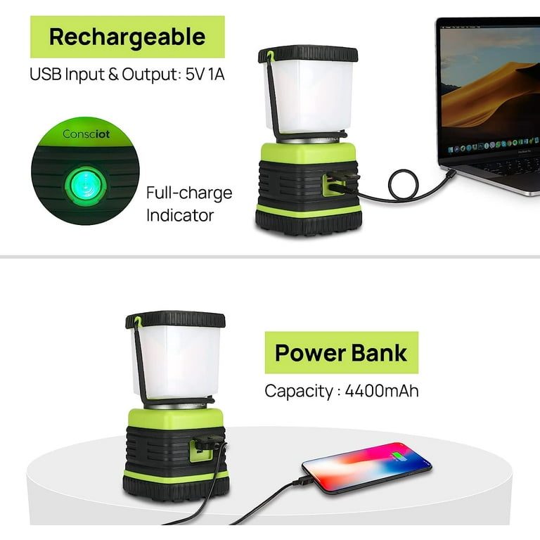 LED Camping Lantern Rechargeable, Consciot Camping Lights, 1000LM, 4 Light  Modes, 4400mAh Power Bank, IPX4 Waterproof Tent Lights, Dimmable Flashlight