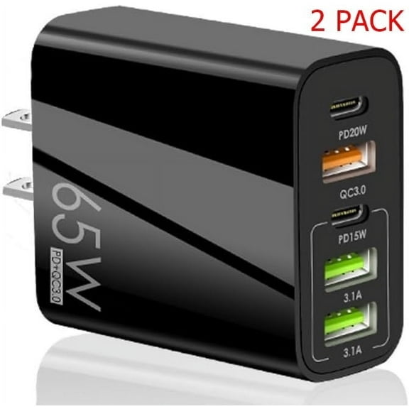 USB C Wall Charger,65W Fast Charger 2 Pcs,6 Port Power Adapter,Suitable for Multi-model Mobile Phones,Tablets,Computers