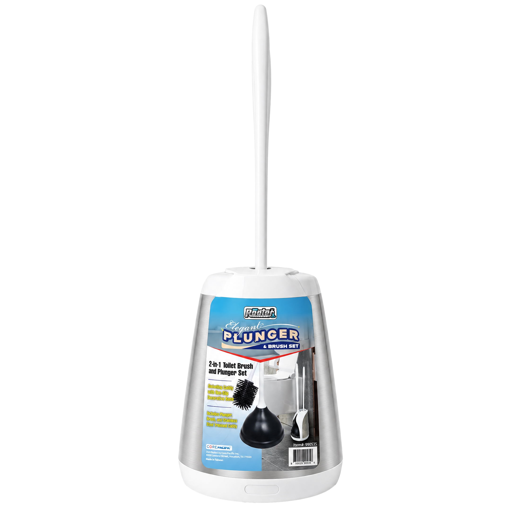 Dr. Rooter Freestanding Bath Caddy Set with Toilet Brush and Plunger, White and Brushed Stainless Steel, 1 Set