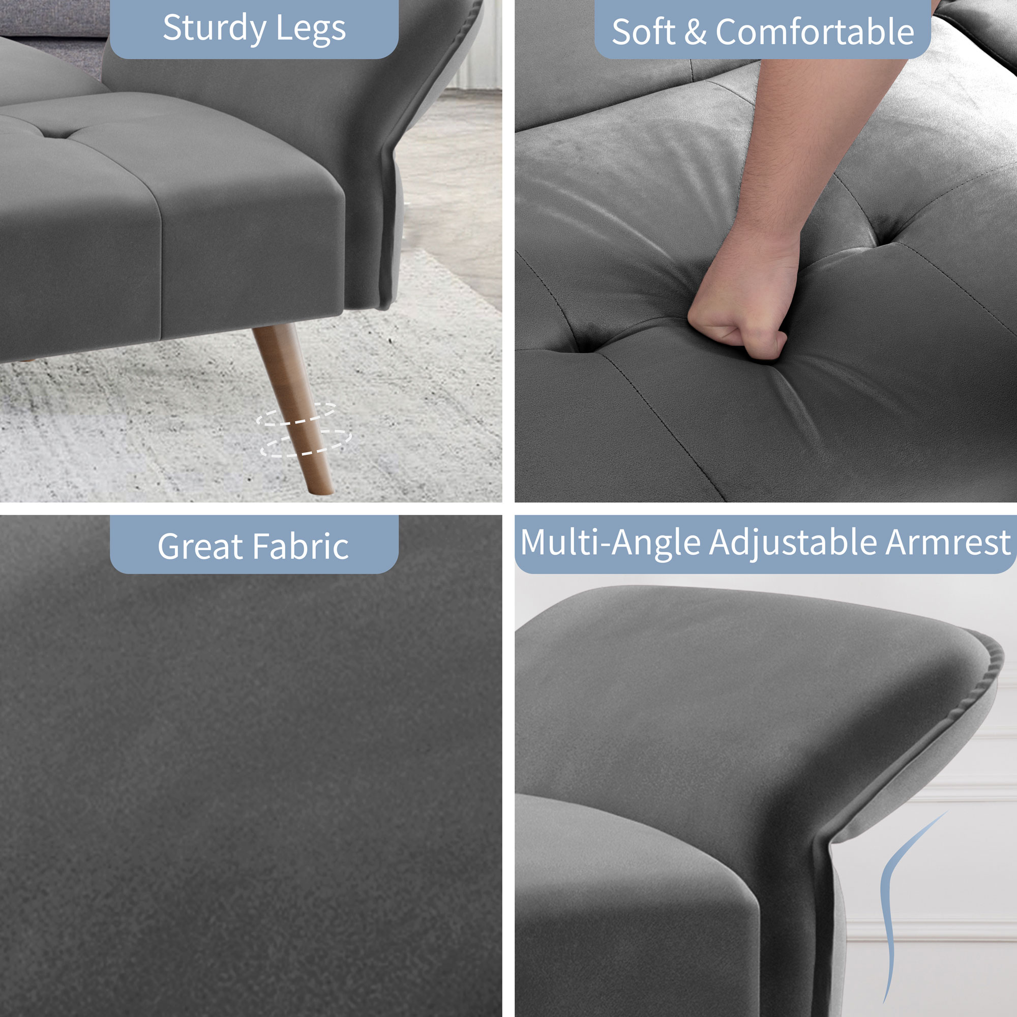 Walsunny 79" Velvet Futon Couch Sofa Bed, Folding Sleeper Loveseat with Adjustable Armrests Backrest Dark Grey - image 4 of 8