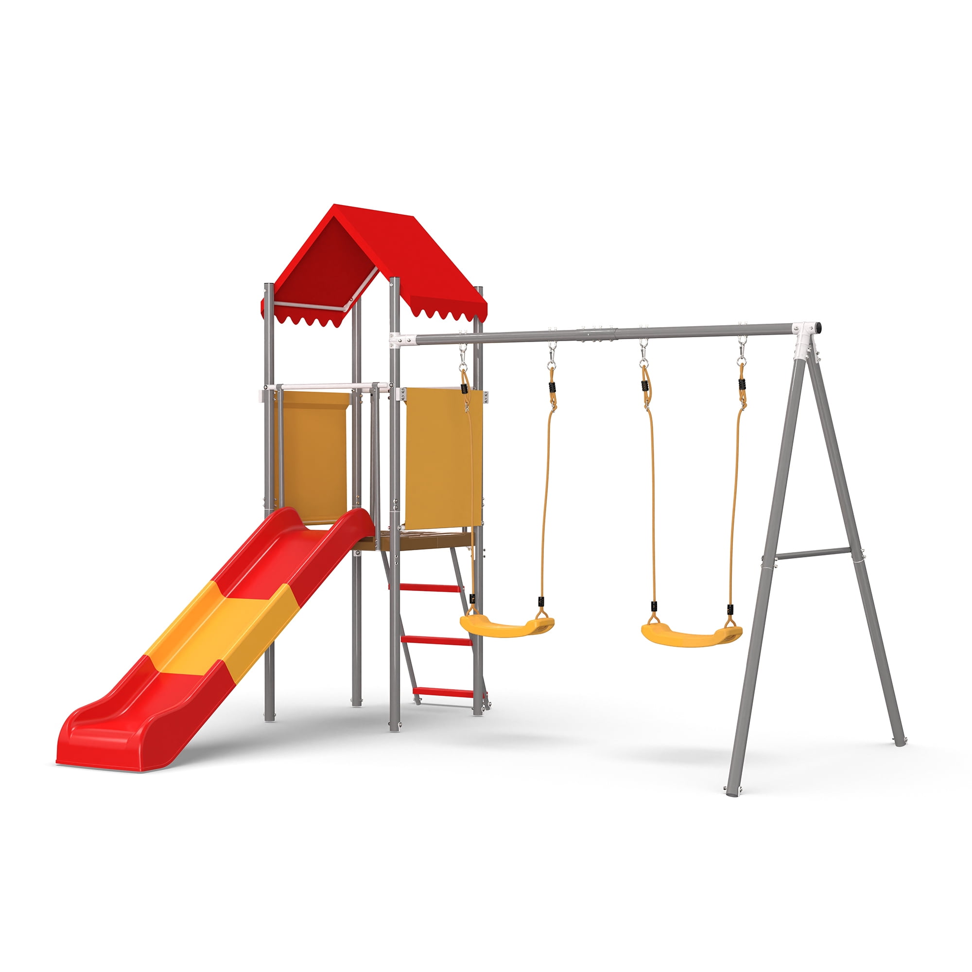 Leumius Metal Swing Sets for Backyard,Outdoor Playset with Slide,Heavy Duty Playground with 2 Swings,Durable Play Equipment with Canopy Roof, Flat-Step Ladder,Orange-Red