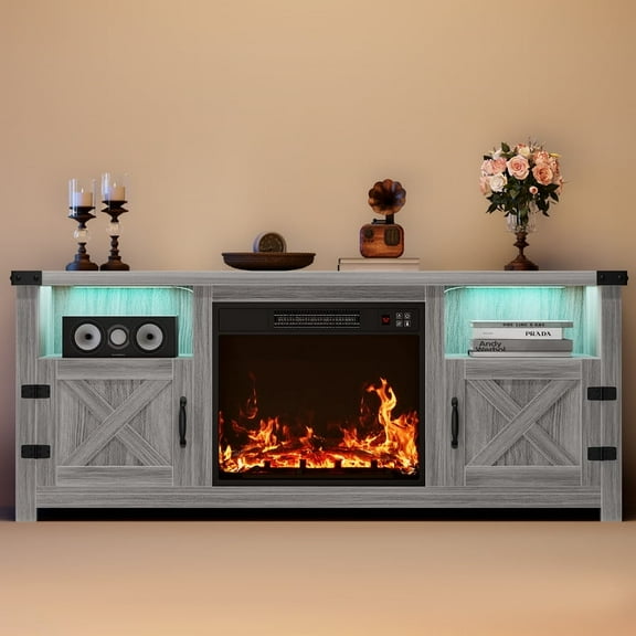 Furmax 65 inch Electric Fireplace TV Stand with Adjustable Color Lighting & Remote Control, Media Console with 2 Cabinets & Shelves for Living Room, Bedroom, Entertainment Center, Gray