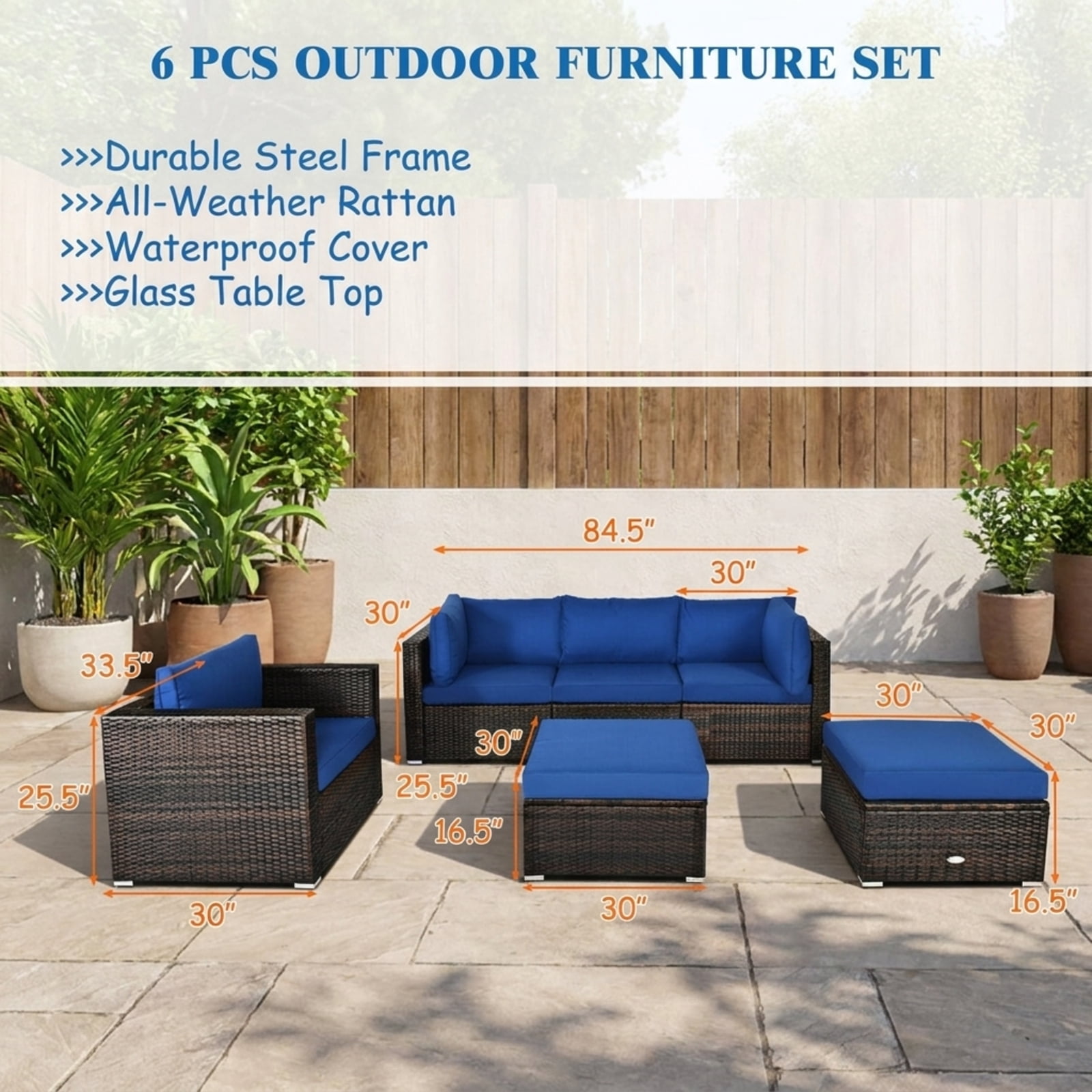 Furnibear 6 Piece Patio Rattan Furniture Set Outdoor Sectional Sofa Conversation Set with Cushions and Glass Table for Backyard Garden, Navy