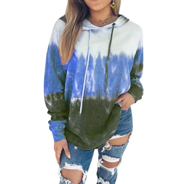 LUXUR Dames à Capuche Tops Cordon Sweat-Shirt à Manches Longues Peluche Pull Cravate Colorant Bleu L