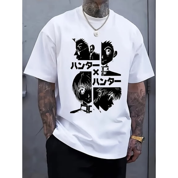 Men'S Anime Graphic Print T-Shirt - Streetwear Casual Short Sleeve Round Neck Tee with Japanese Text & Character Art, Regular Fit Summer Top, Machine Washable Comfortable Shirt for Casual Attire,