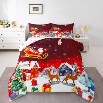 Manfei Santa Claus Queen Comforter Set for Teen, Vintage Western Fairy Tale Bedding Sets, Merry Christmas Reversible Bedding Comforter Set, Super Cozy Room Decor, 3-Piece