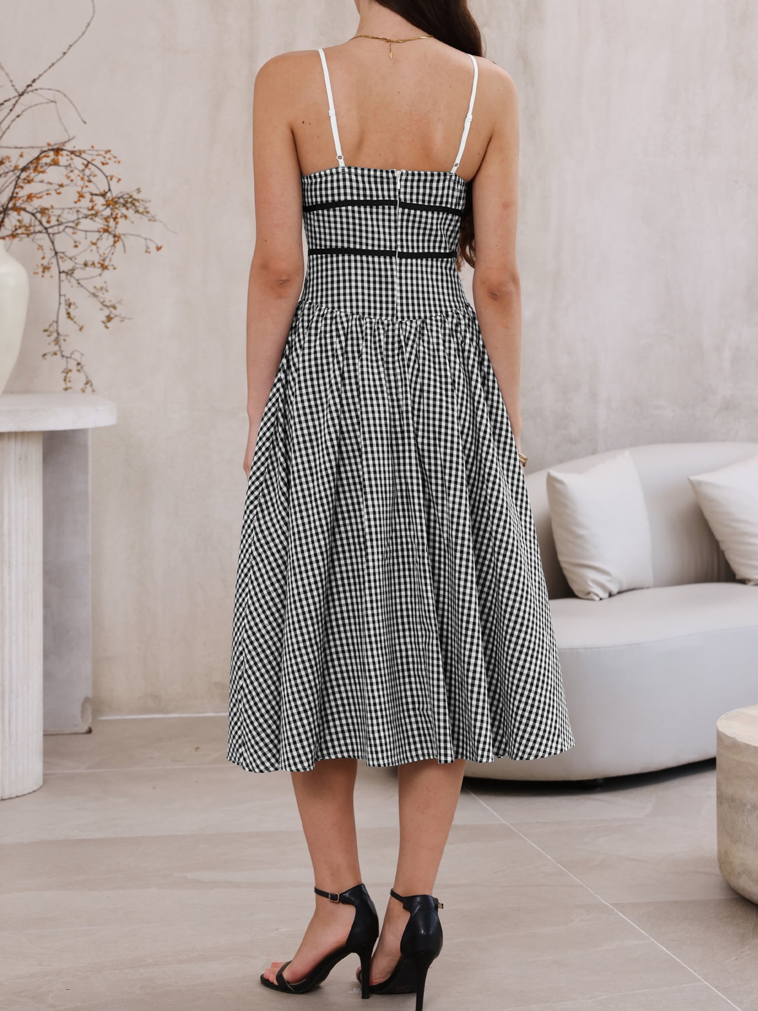DARING DIVA Women's Plaid Midi Spaghetti Strap Flowy Dresses L Black