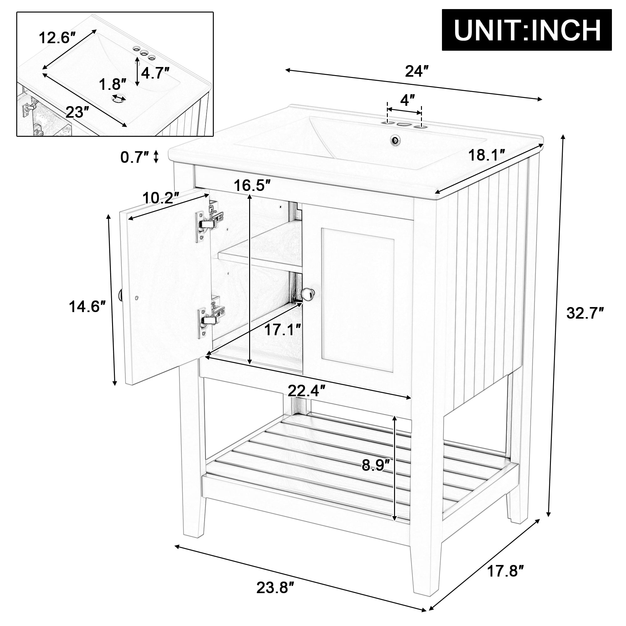 Euroco 24" Modern Sleek Bathroom Vanity with Elegant Ceramic Sink, Solid Wood Frame, and Open Style Shelf