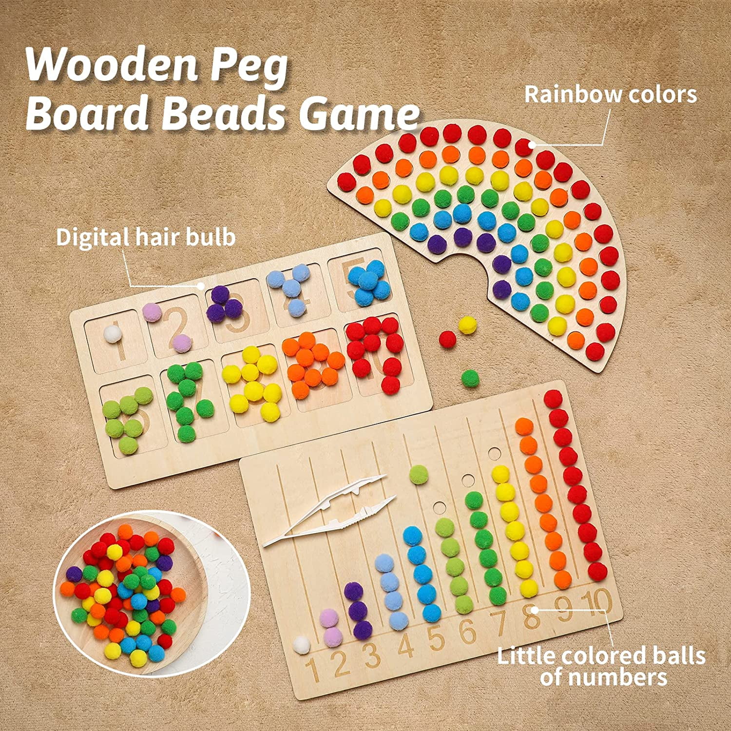 Wooden Peg Board Toddler Toys Children's Math Learning Color Row