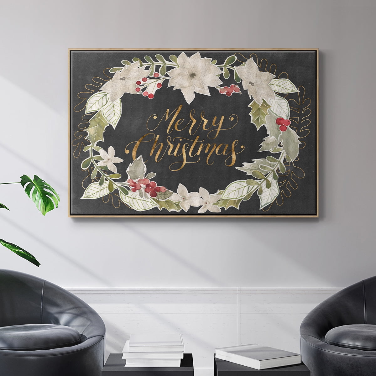 Gilded Christmas Collection A - Framed Gallery Wrapped Holiday Canvas - 17 x 25 - Natural Wood Frame