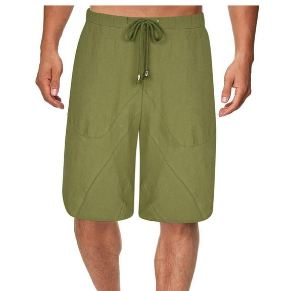 Ftwytp Men's Loose Cotton Linen Shorts 3/4 Summer Casual Boho Long Shorts Elasticated Waist Wide Leg Beach Yoga Trouser