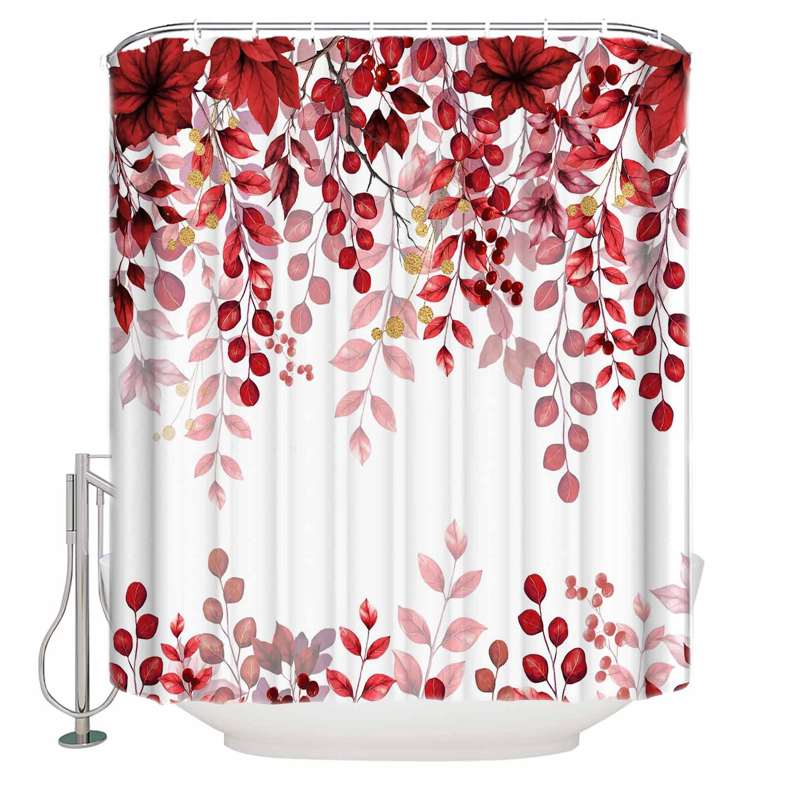 Red Eucalyptus Bathroom Curtain 78 Inch Shower Curtain with Hooks, Gold Branches Vintage Flower Plant Waterproof Polyester Bath Curtain Washable Bathtub Curtain 72''x 78''