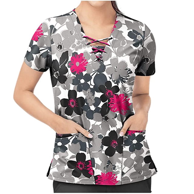 DPTALR Print Nurse Uniforms For Women,Breathable Patterned Short Sleeve V-Neck Plus Size Shirts Tee Tops With Pockets