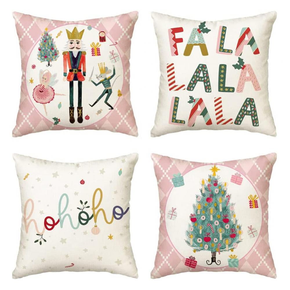 Christmas Pillow Cases Set Of 4 Linen Cushion Covers 18 X 18 Inches