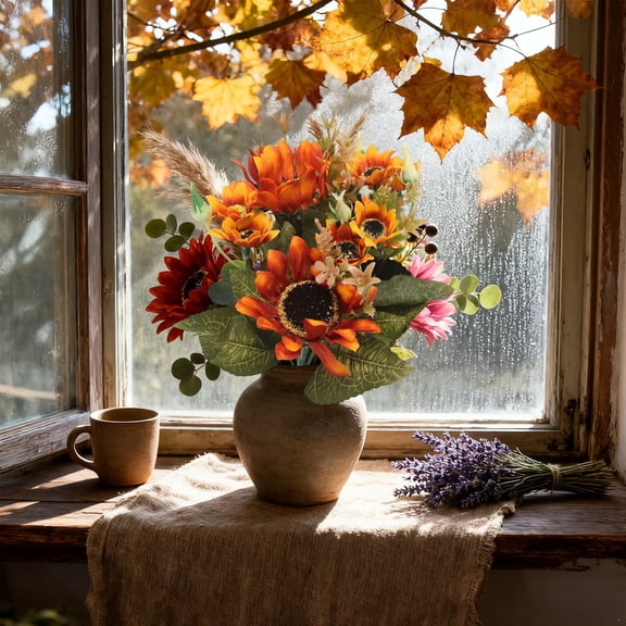 Artificial Sunflowers Faux Fall Chrysanthemums Flower Bouquets Silk Floral Arrangements with Pinecone Stems for Home Thanksgiving Table Centerpieces Autumn Decor(3PCS)