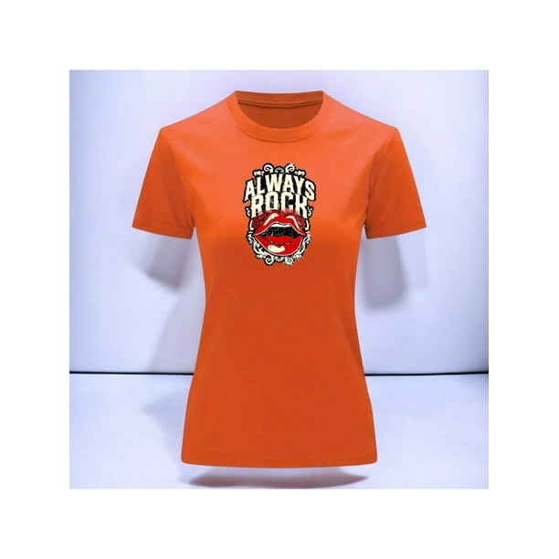 Playera Blusa Con Estampado De Always Rock Con Labios Sexys Ropa Para Mujer Color Anaranjado Talla Chica Marca Emil SaEs