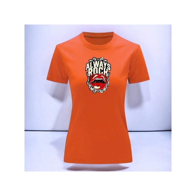 Playera Blusa Con Estampado De Always Rock Con Labios Sexys Ropa Para Mujer Color Anaranjado Talla Grande Marca Emil SaEs