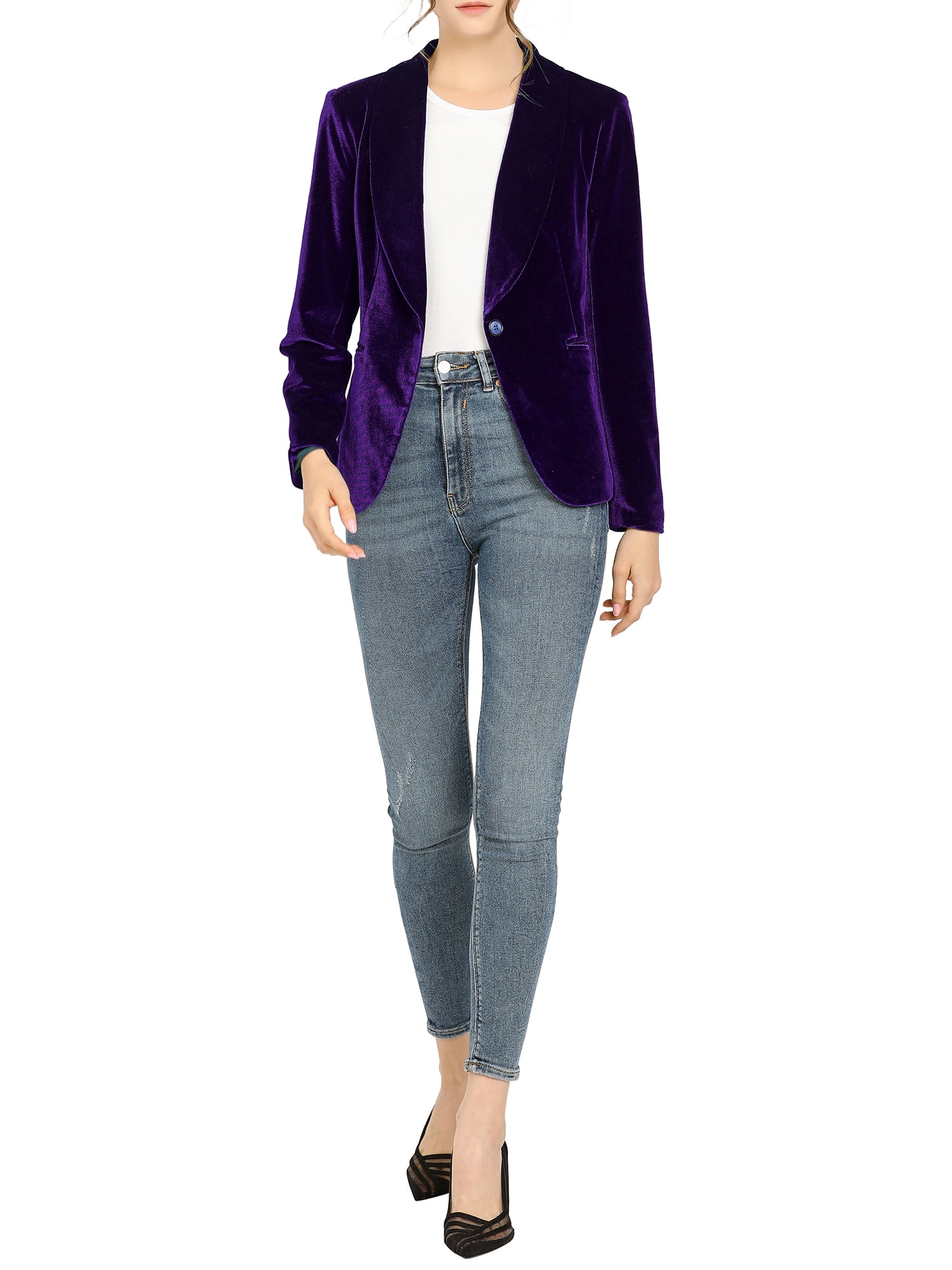 DARING DIVA Women's Velvet Office Coat Solid Shawl Collar Blazer M Deep Purple