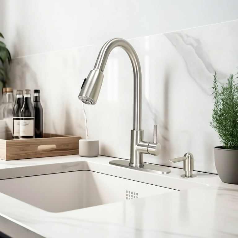 Better Homes & Gardens Elmont Pull Down Kitchen Sink Faucet with Soap  Dispenser, Satin Nickel