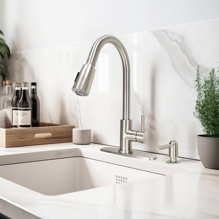 BETTER HOMES & GARDENS ELMONT HIGH SPOUT SINGLE HANDLE PULL DOWN KITCHEN FAUCET WITH SOAP DISPENSER, SATIN NICKEL