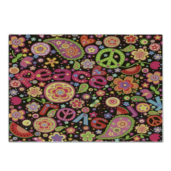 Groovy Cutting Board, Hippie Colorful Paisley Leaves Music Keys Typography Idealism Historic Revolution, Decorative Tempered Glass Cutting and Serving Board, Small Size, Multicolor, by Ambesonne