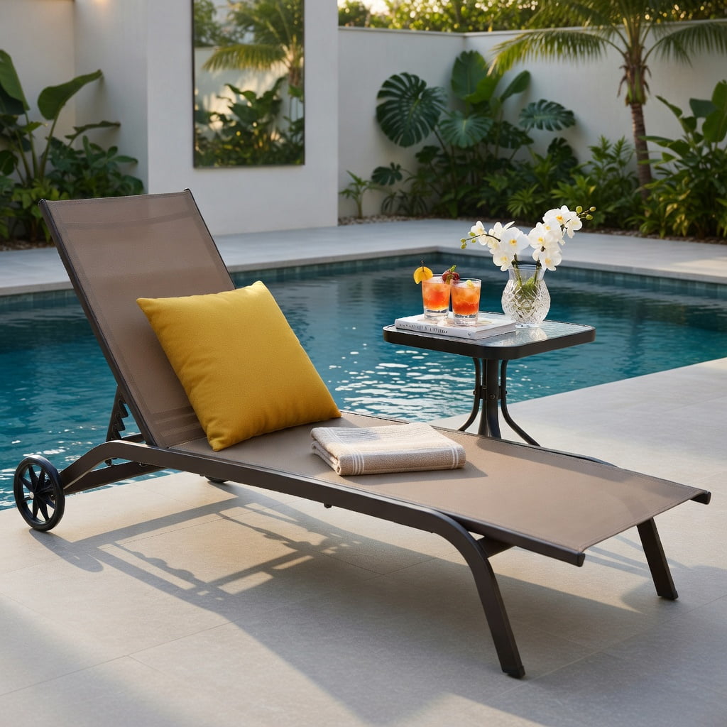 Hommoo 6-Position Adjustable Outdoor Chaise Lounge Chair with Smooth-Rolling Wheels, for Patio, Poolside & Backyard, Brown