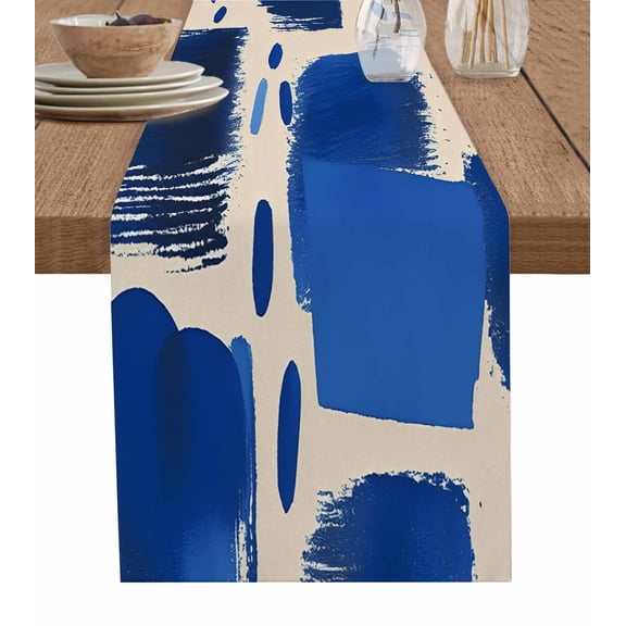 Blue Geometric Table Runner 72 Inches, Abstract Color Block Modernism Bed Runner Dresser Scarves Tabletop for Indoor Outdoor Parties/Ceremony/Banquet, 14" x 72"
