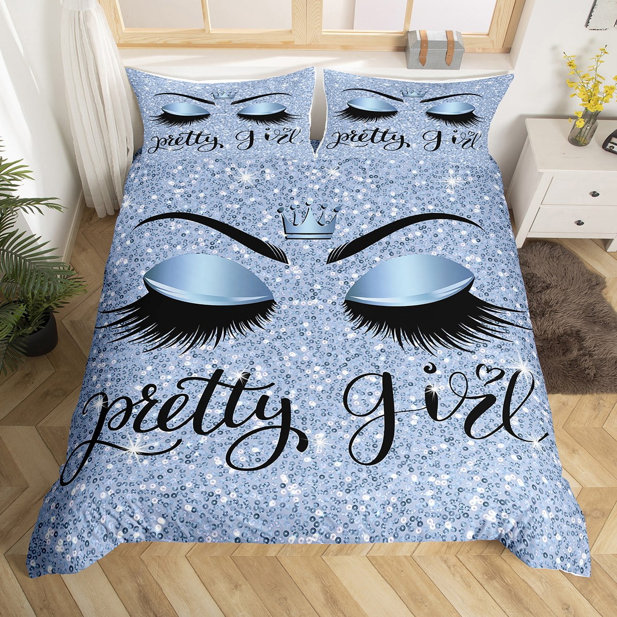 YST Unicorn Eyelash Duvet Cover for Girls,Pretty Eyelash Sequins Printed Bedding Set Twin,Women