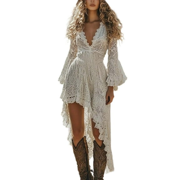 Women's Boho Floral Lace Hollow Out Long Sleeve V Neck Party Dress For Music Festival Casual Daily Wear Elegant Irregular Hem