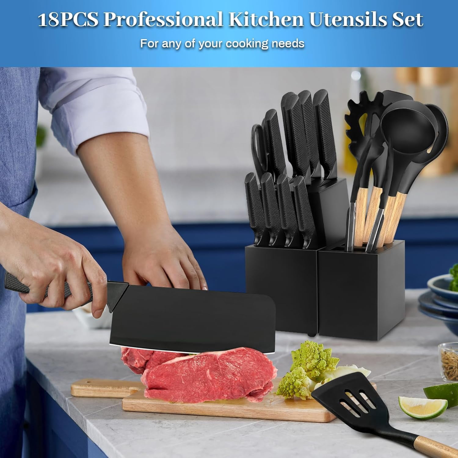 18-Piece Black Kitchen Knife Set with Holder, Professional Chef Knife Set Non-Stick Heat Resistant Silicone Utensils Wooden Handle for Cooking