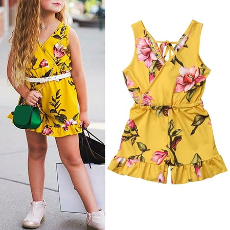 - Summer Toddler Baby Kids Girls Sleeveless V-Neck Floral Romper Bodysuit Jumpsuit Outfits Clothes