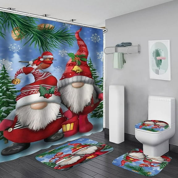 Christmas Bath Sets Shower Curtain set and 3Pcs Bathroom Rugs and Mats Sets Buffalo Plaid Christmas Tree Shower Curtain Bathroom Decor Set Farmhouse (Christmas Gnomes 02)