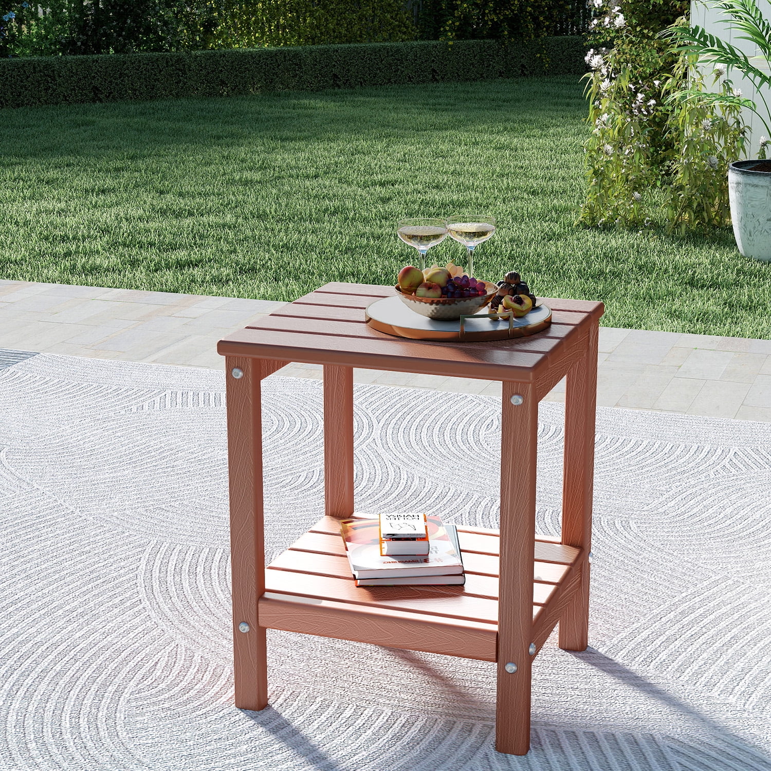 Pipopa Adirondack Outdoor Side Table,HDPE All Weather Double Layer Patio Side Table,Rectangular End Table for Garden Balcony Pool,BrownWood