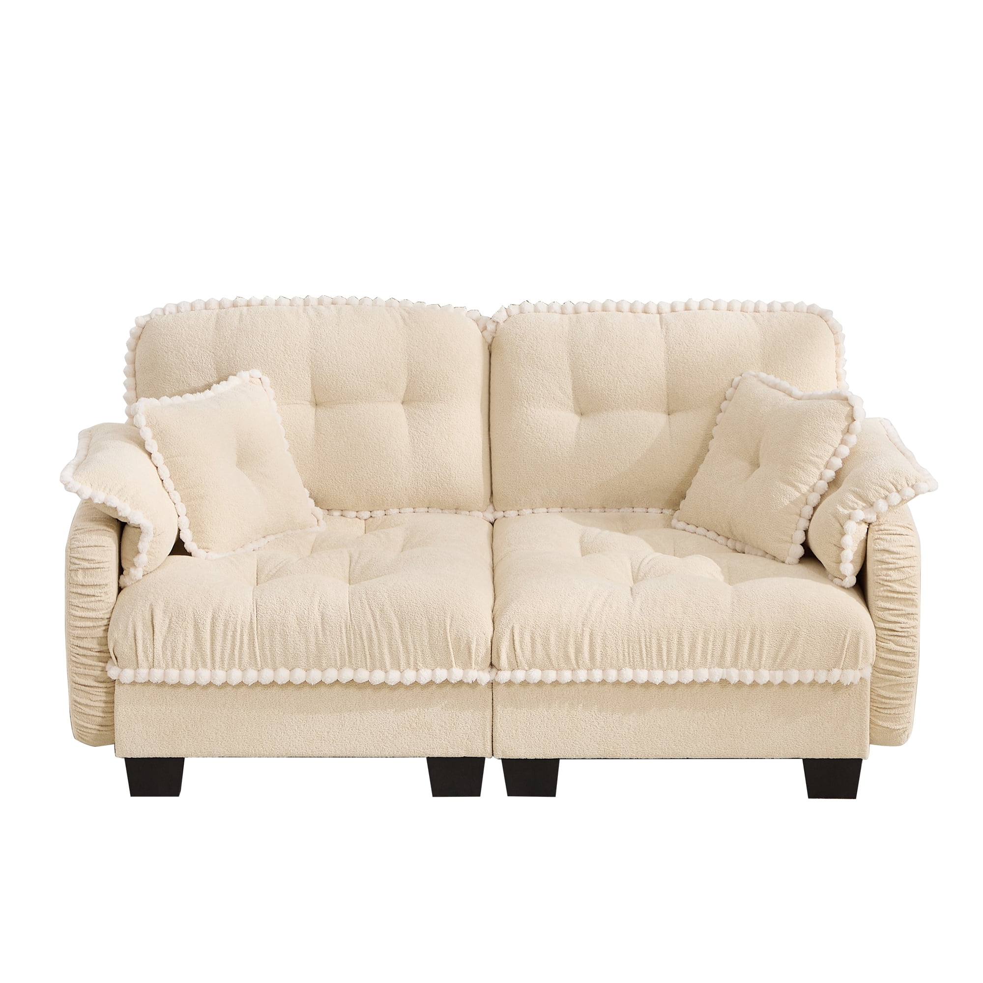 Aenkyo 70" Chenille Modular Loveseat with 23.8" Deep Seat and Pom-Pom Trim, Beige