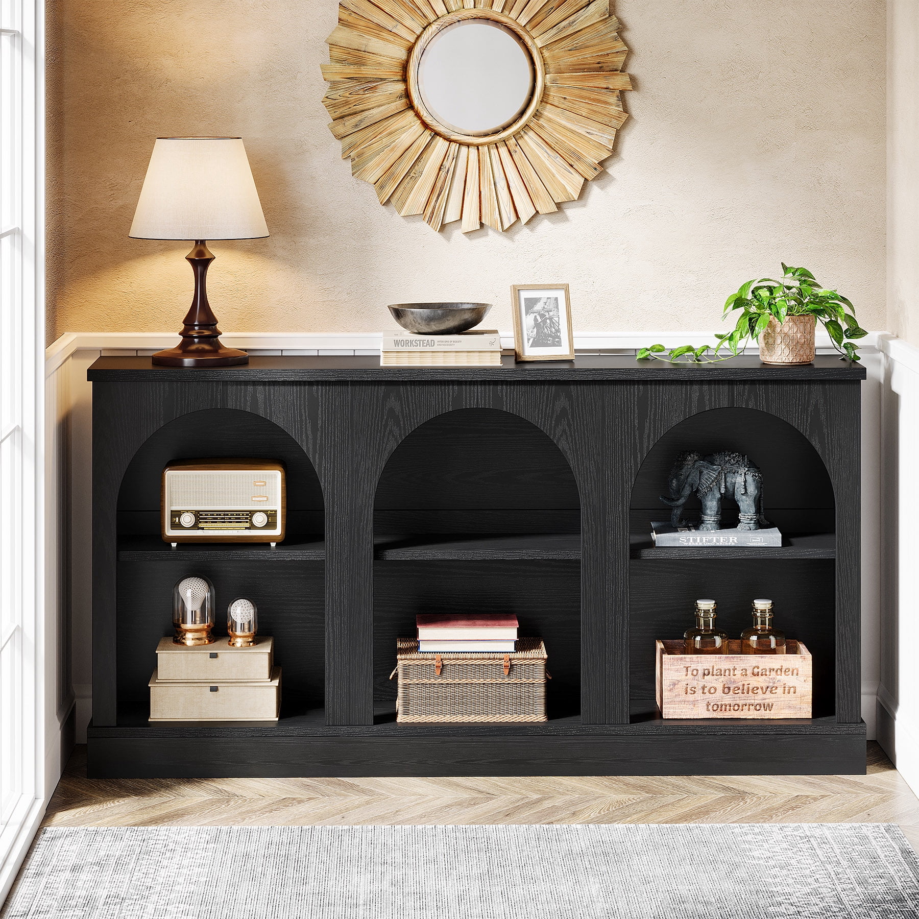 Tribesigns Farmhouse Console Table, 63-inch 3 Tier Entryway Table with Storage, Wooden Sofa Console Behind the Couch for Hallway, Black