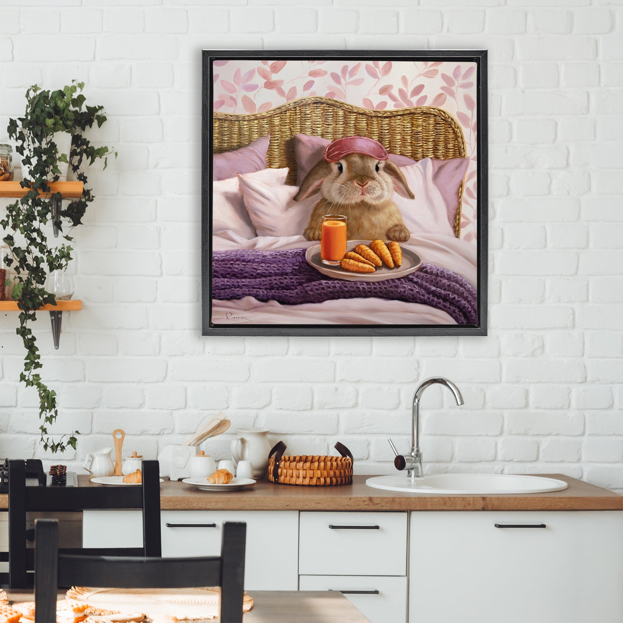 Stupell Industries Hoppy Meal Bunny in Bed Black Framed Floater Canvas Wall Art, design by Lucia Heffernan