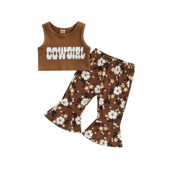Toddler Girl Two Piece Set Round Neck Sleeveless Lettering Tops Vest Matching Elastic Waist Floral Flared Pants Set